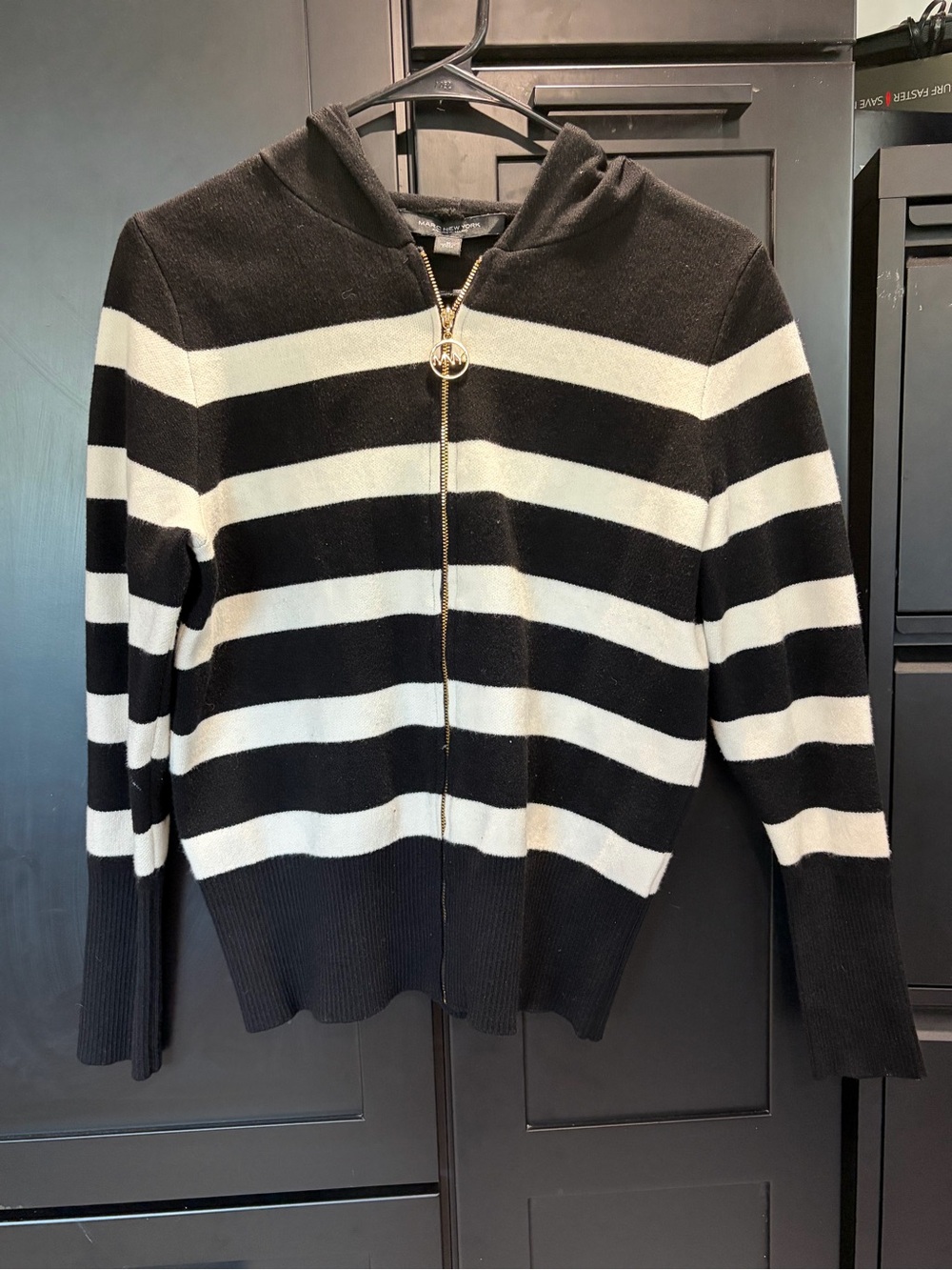Marc New York Black and White Striped Zip Hoodie Cardigan